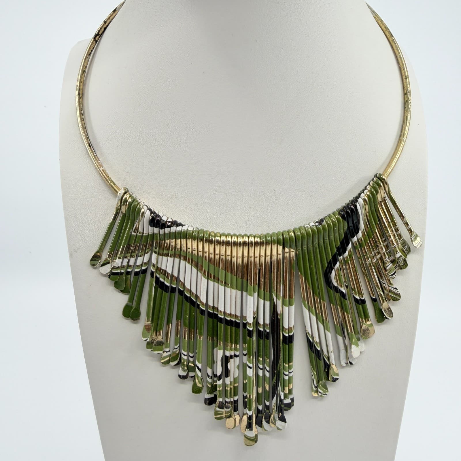Vintage Gold Tone Green White Black Enamel Fringe Bib Necklace Collar Statement - Thumbnail 6