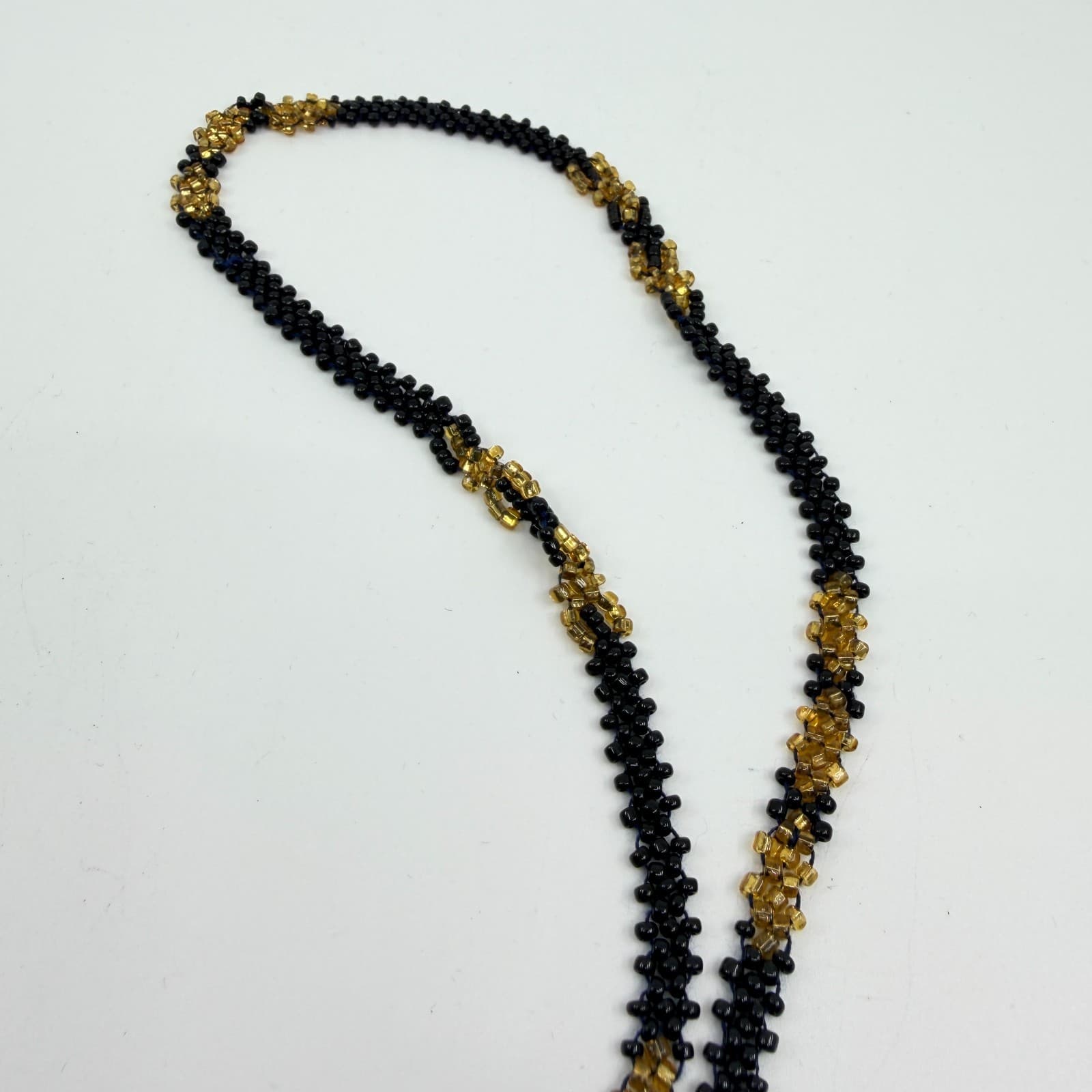 VTG Y2K Hand Woven Seed Bead Lariat Necklace Black Gold Tone Star Tassel Boho - Thumbnail 7