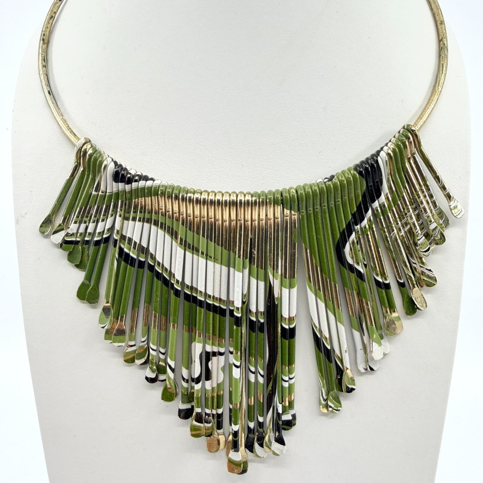 Vintage Gold Tone Green White Black Enamel Fringe Bib Necklace Collar Statement