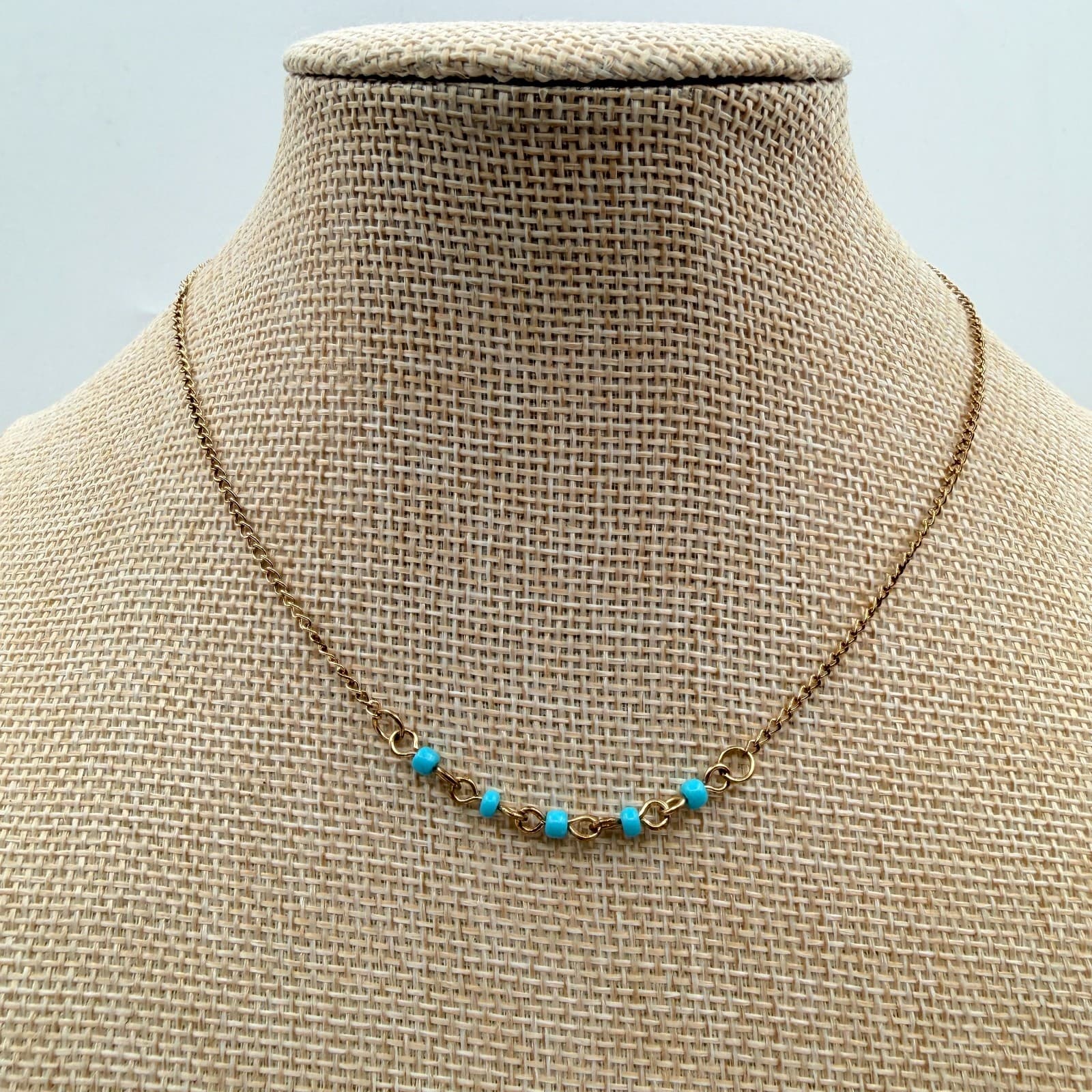 Vintage 90s Gold Tone Necklace Turquoise Blue Glass Bead Minimalist Boho Jewelry