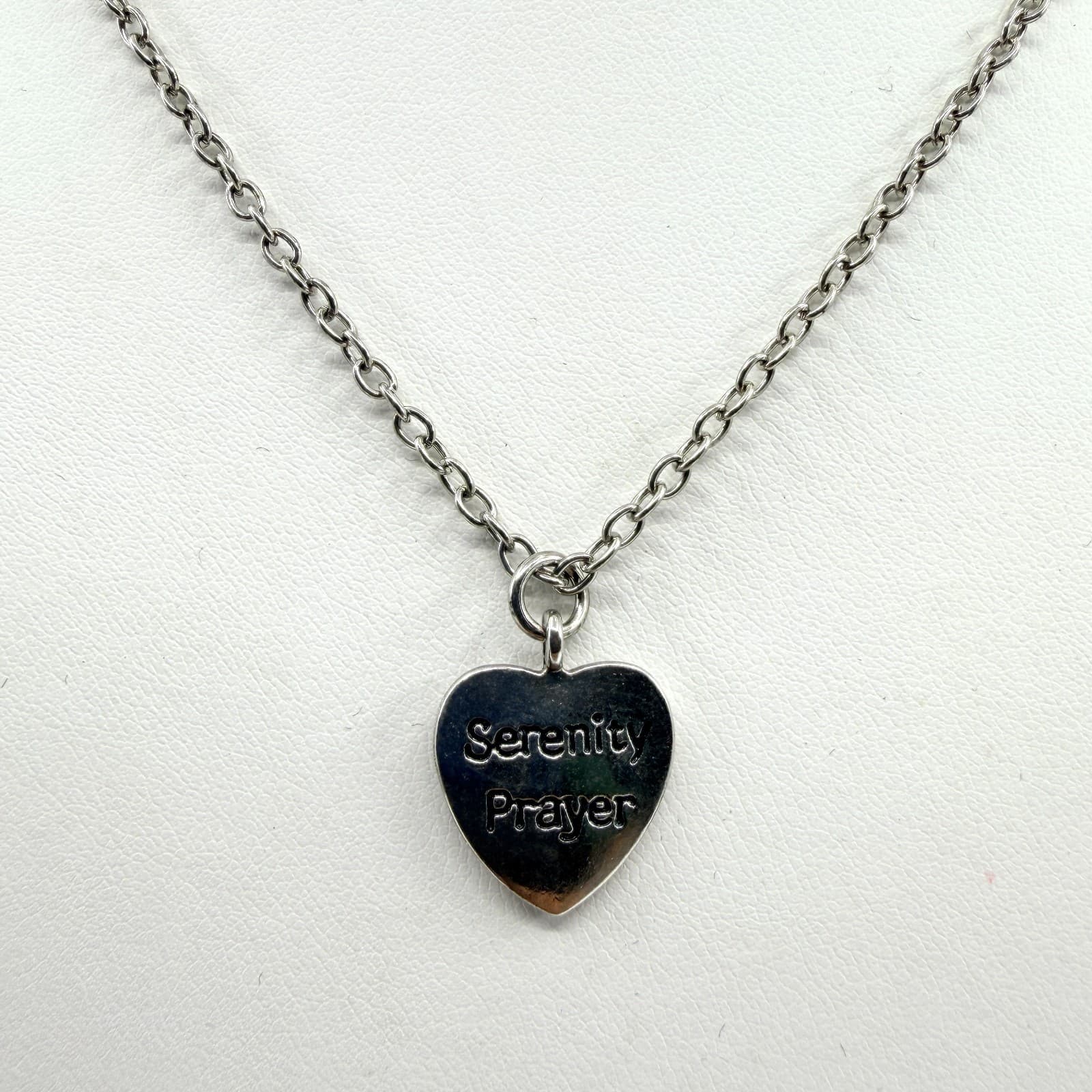Vintage Silver Tone Serenity Heart Pendant Necklace Inspirational Statement Y2K