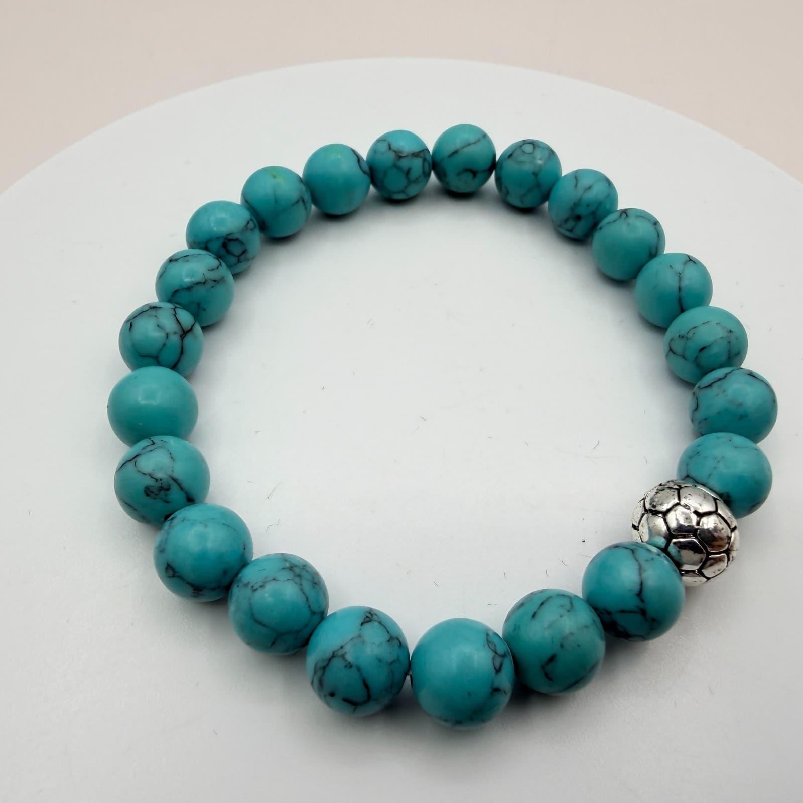 Vintage 80s Howlite Beaded Bracelet Silver Tone Soccer Ball Charm Mens Jewelry - Thumbnail 4