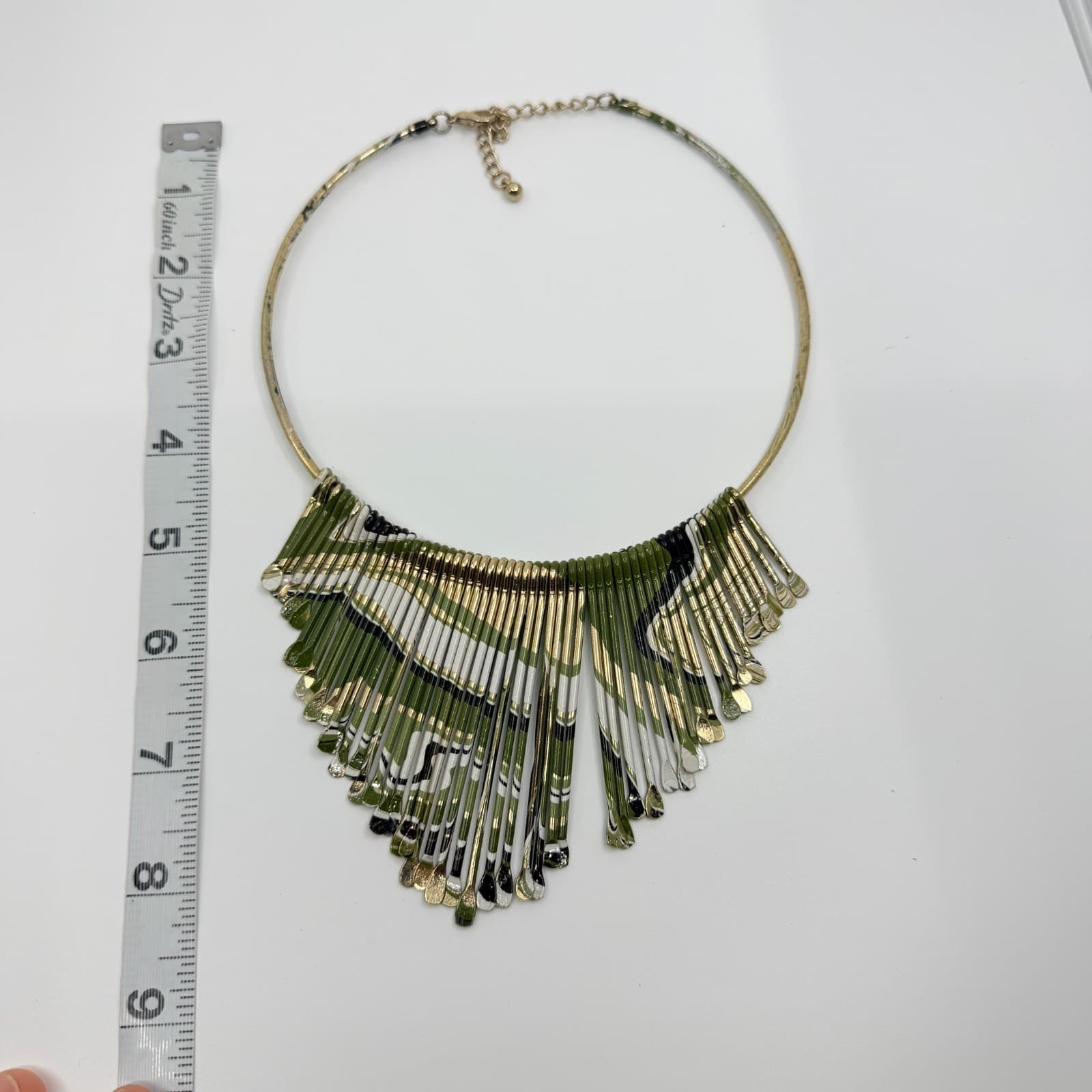 Vintage Gold Tone Green White Black Enamel Fringe Bib Necklace Collar Statement - Thumbnail 9