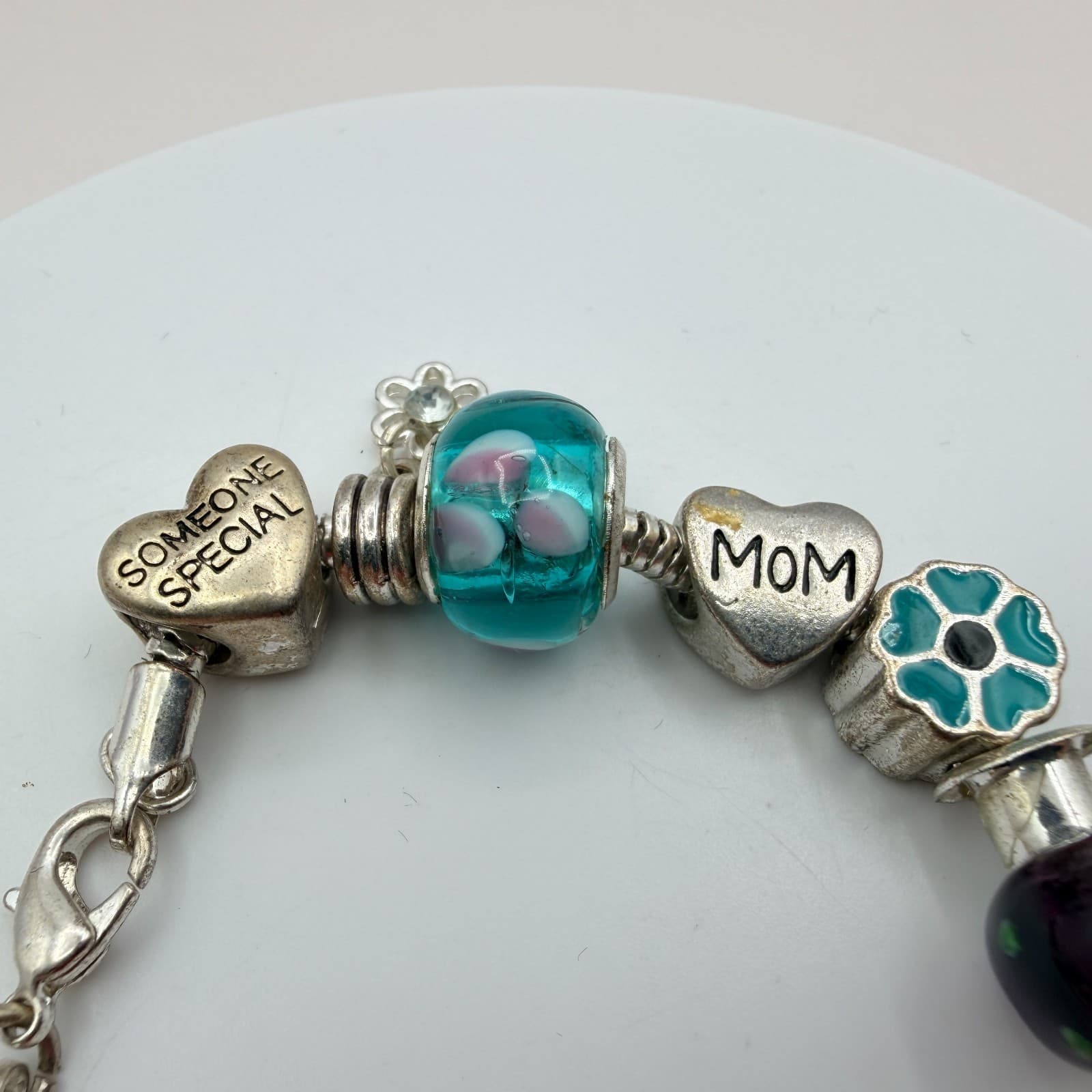 Vintage 90s Silver Tone Someone Special Mom Charm Bracelet Glass Beads Jewelry - Thumbnail 8