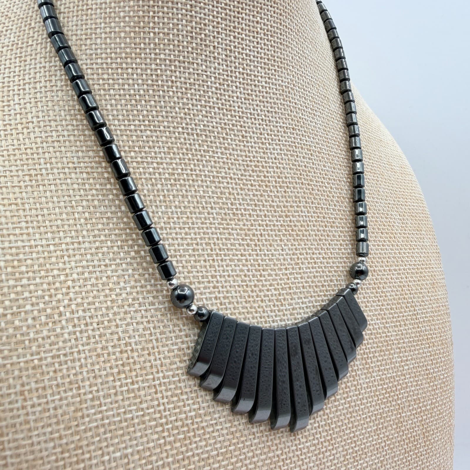 Vintage 90s Hematite Beaded Fringe Statement Necklace Boho Fashion Jewelry - Thumbnail 5