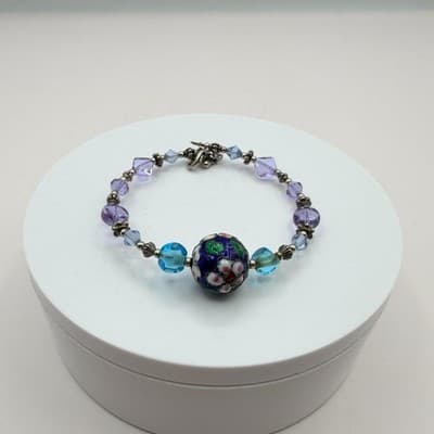 Vintage 90s Lampwork Glass Floral Bead Bracelet Purple Blue Silver Tone Jewelry - Thumbnail 2