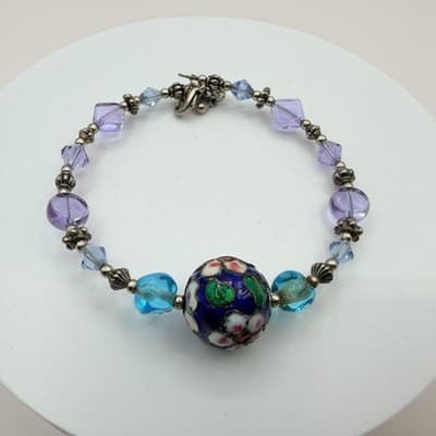Vintage 90s Lampwork Glass Floral Bead Bracelet Purple Blue Silver Tone Jewelry - Thumbnail 8