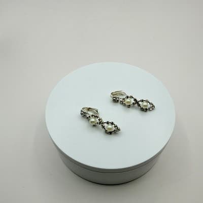 Vintage Y2K Silver Tone Faux Pearl Rhinestone Earrings Women's Classic Jewelry - Thumbnail 4