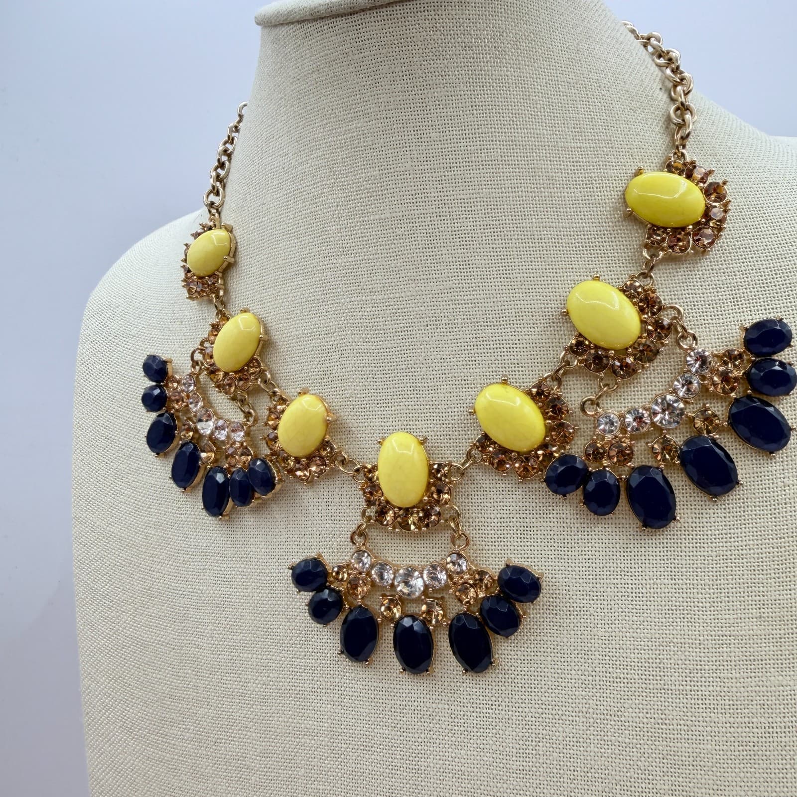 Vintage Y2K Gold Tone Statement Necklace Bold Yellow Navy Blue Cabochons Jewelry - Thumbnail 9