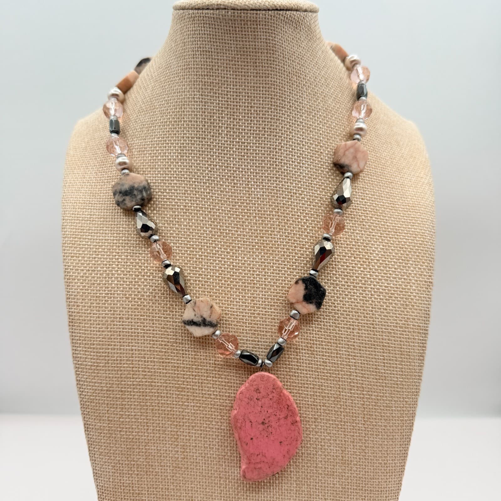 Vintage 90s Pink Stone Statement Necklace Glass Beaded Boho Fashion Jewelry - Thumbnail 9