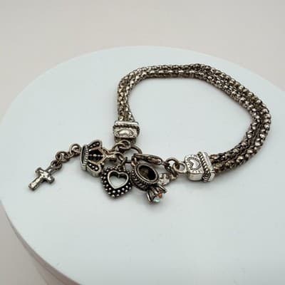Vintage 90s Silver Tone AB Rhinestone Charm Bracelet Religious Women's Jewelry - Thumbnail 5