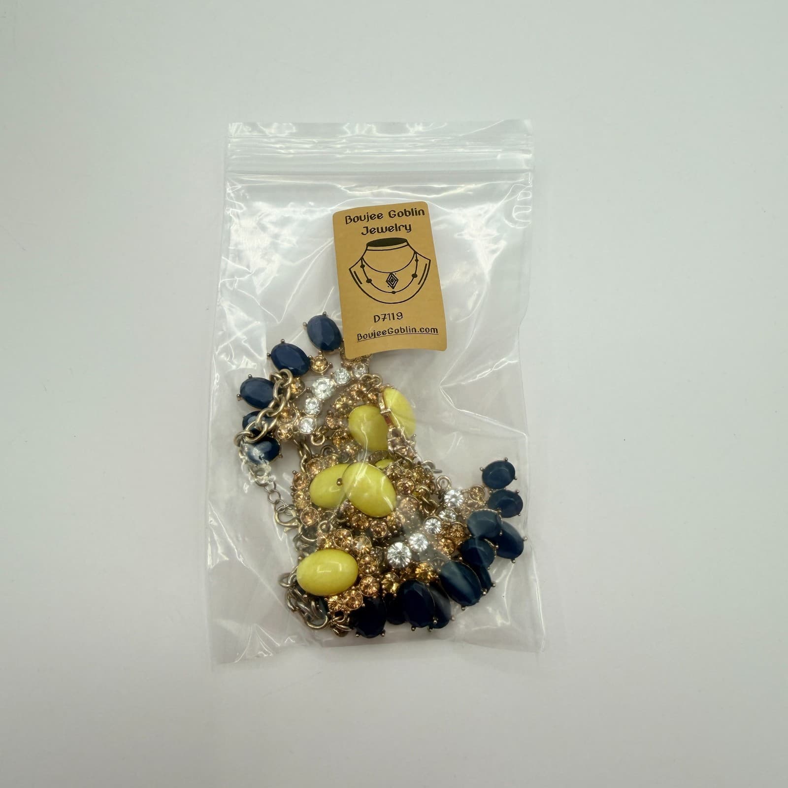 Vintage Y2K Gold Tone Statement Necklace Bold Yellow Navy Blue Cabochons Jewelry - Thumbnail 6