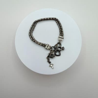 Vintage 90s Silver Tone AB Rhinestone Charm Bracelet Religious Women's Jewelry - Thumbnail 2