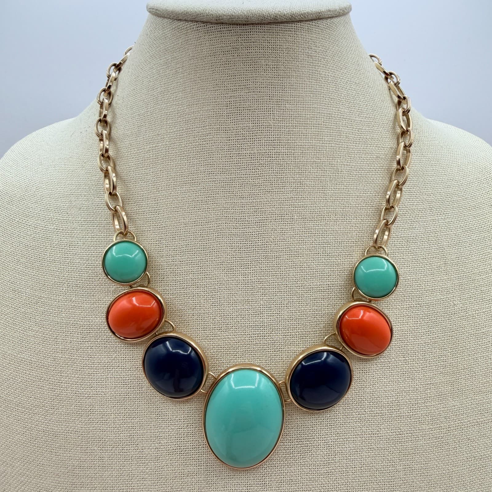 Vintage Y2K Gold Tone Statement Necklace Aqua Orange Navy Cabochons Jewelry