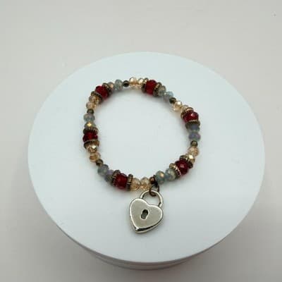 Vintage Y2K Women's Boho Beaded Stretch Bracelet Heart Padlock Charm Jewelry - Thumbnail 2