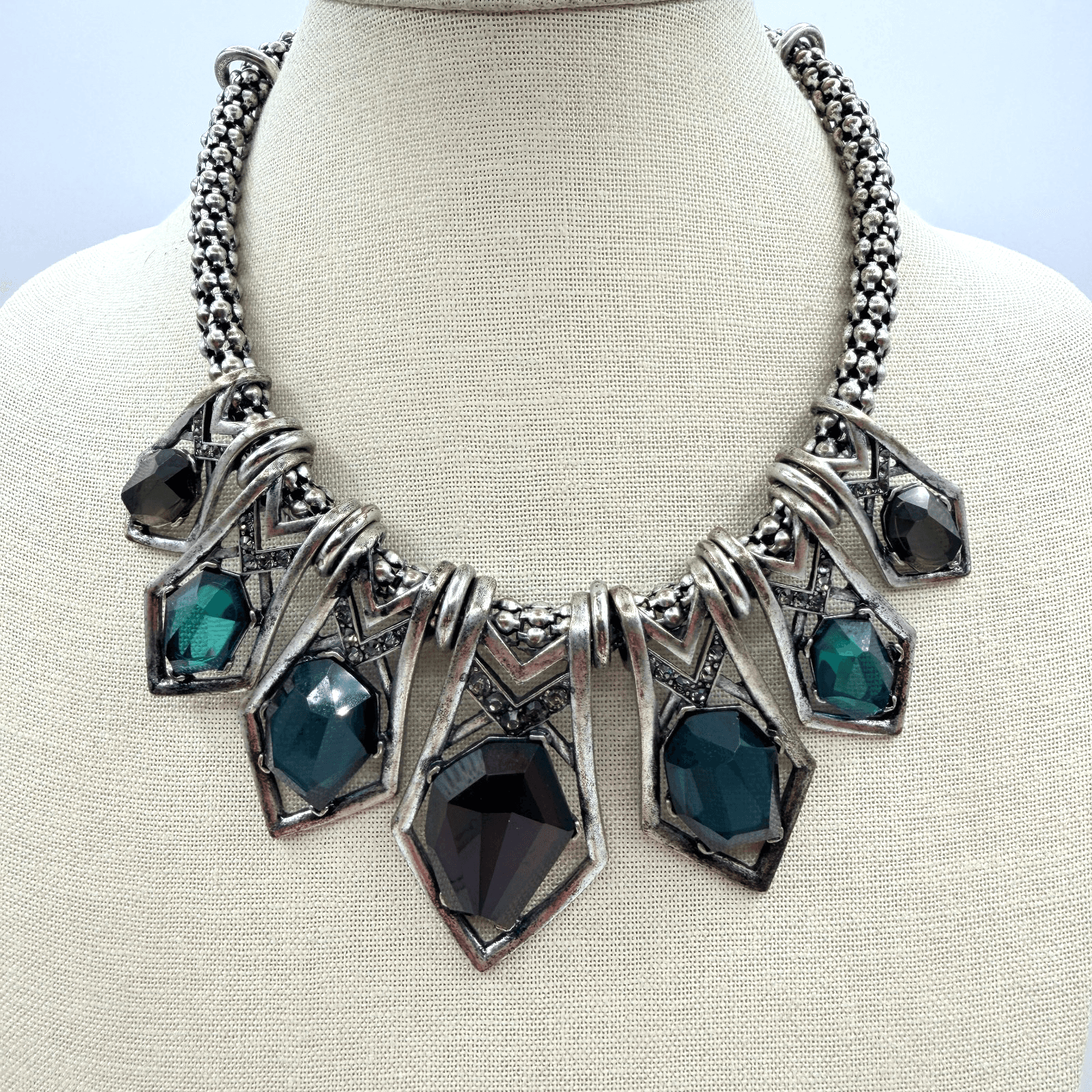 Vintage Y2K Boho Silver Tone Geometric Statement Necklace Antiqued Mixed Jewelry