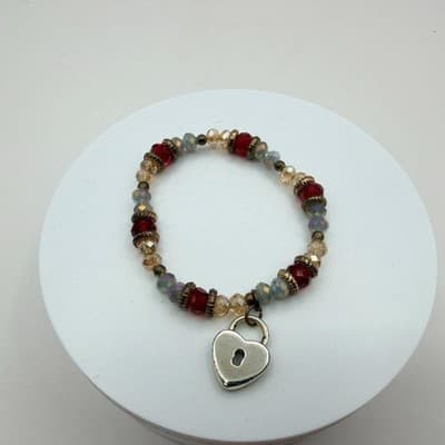 Vintage Y2K Women's Boho Beaded Stretch Bracelet Heart Padlock Charm Jewelry - Thumbnail 9