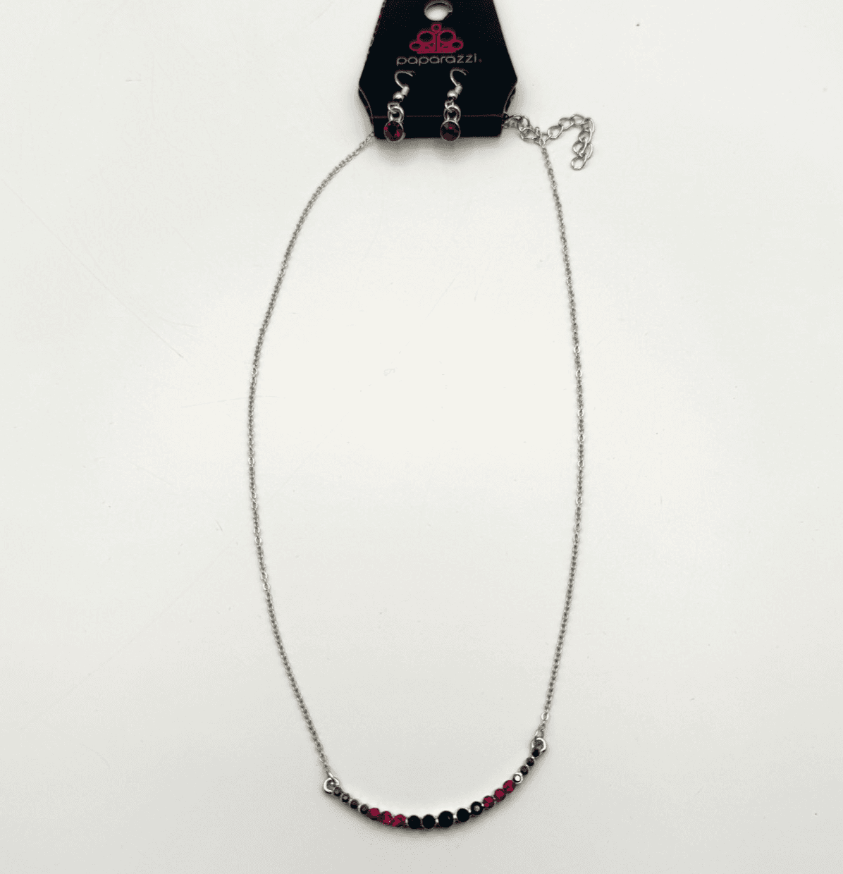 Vintage Y2K Paparazzi Red Black Rhinestone Silver Tone Necklace Earrings Jewelry - Thumbnail 2