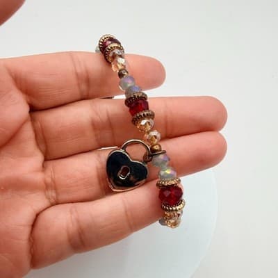 Vintage Y2K Women's Boho Beaded Stretch Bracelet Heart Padlock Charm Jewelry - Thumbnail 3