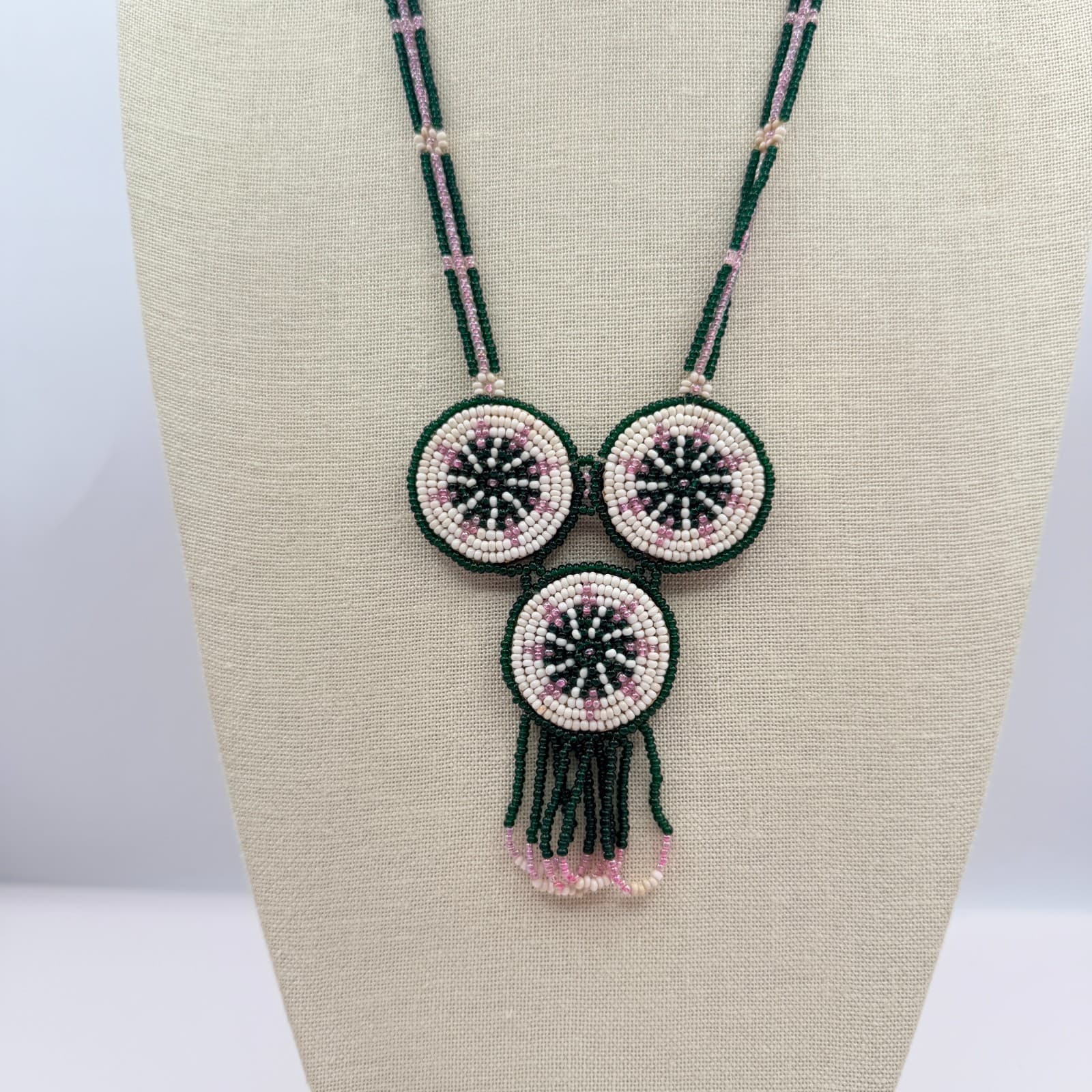 Vintage Y2K Handmade Seed Bead Medallion Statement Necklace Fringe Boho Jewelry