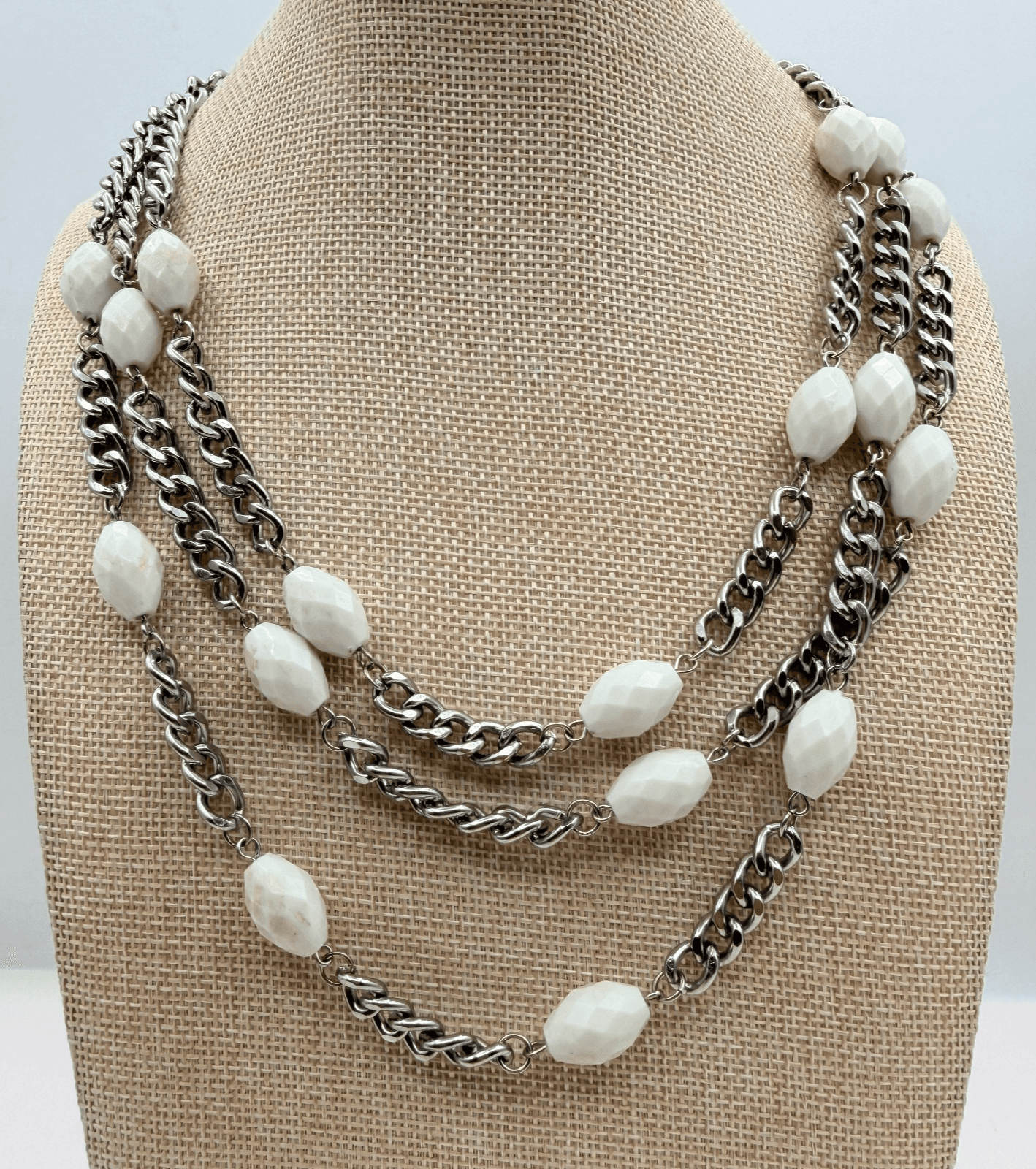 Vintage 90s Multi Strand Silver Tone Chunky Chain White Beaded Necklace Jewelry