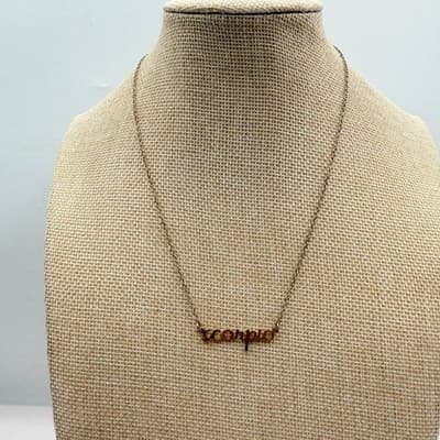 Vintage 80s Zodiac Script Nameplate Necklace Ornate Astrology Pendant Jewelry - Thumbnail 3