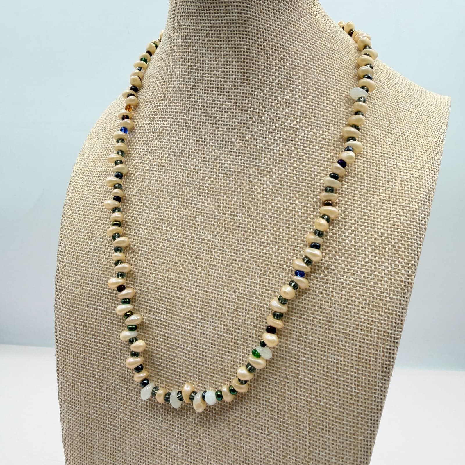 Vintage Faux Freshwater Pearl Necklace White Multi Color Beaded Chunky Statement - Thumbnail 2