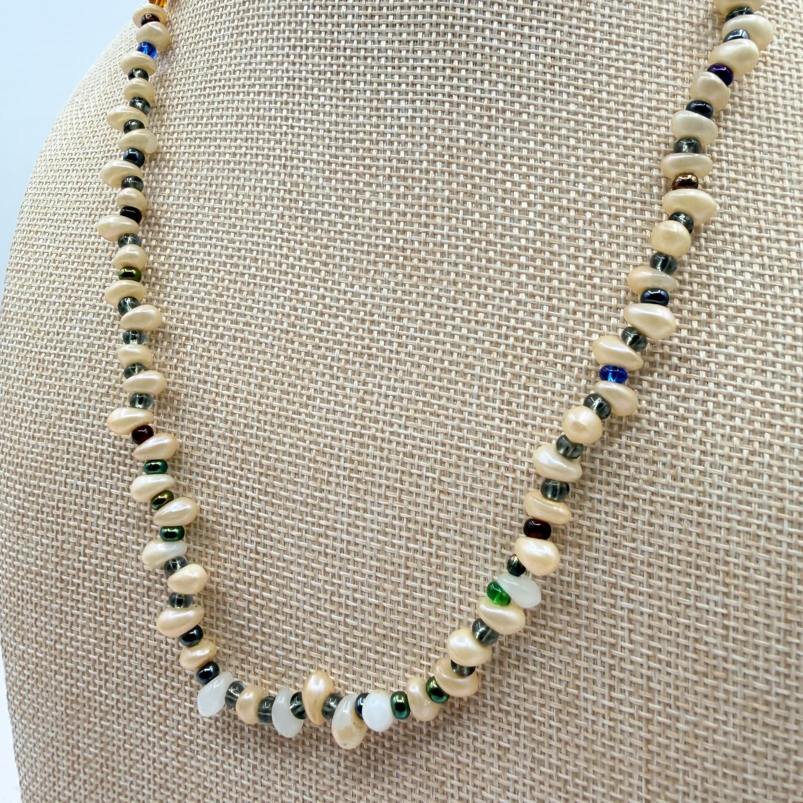 Vintage Faux Freshwater Pearl Necklace White Multi Color Beaded Chunky Statement - Thumbnail 3