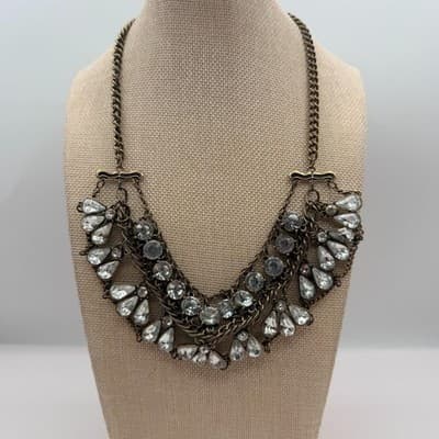 Vintage Y2K Brass Tone Multi Strand Rhinestone Teardrop Bib Necklace Jewelry - Thumbnail 2