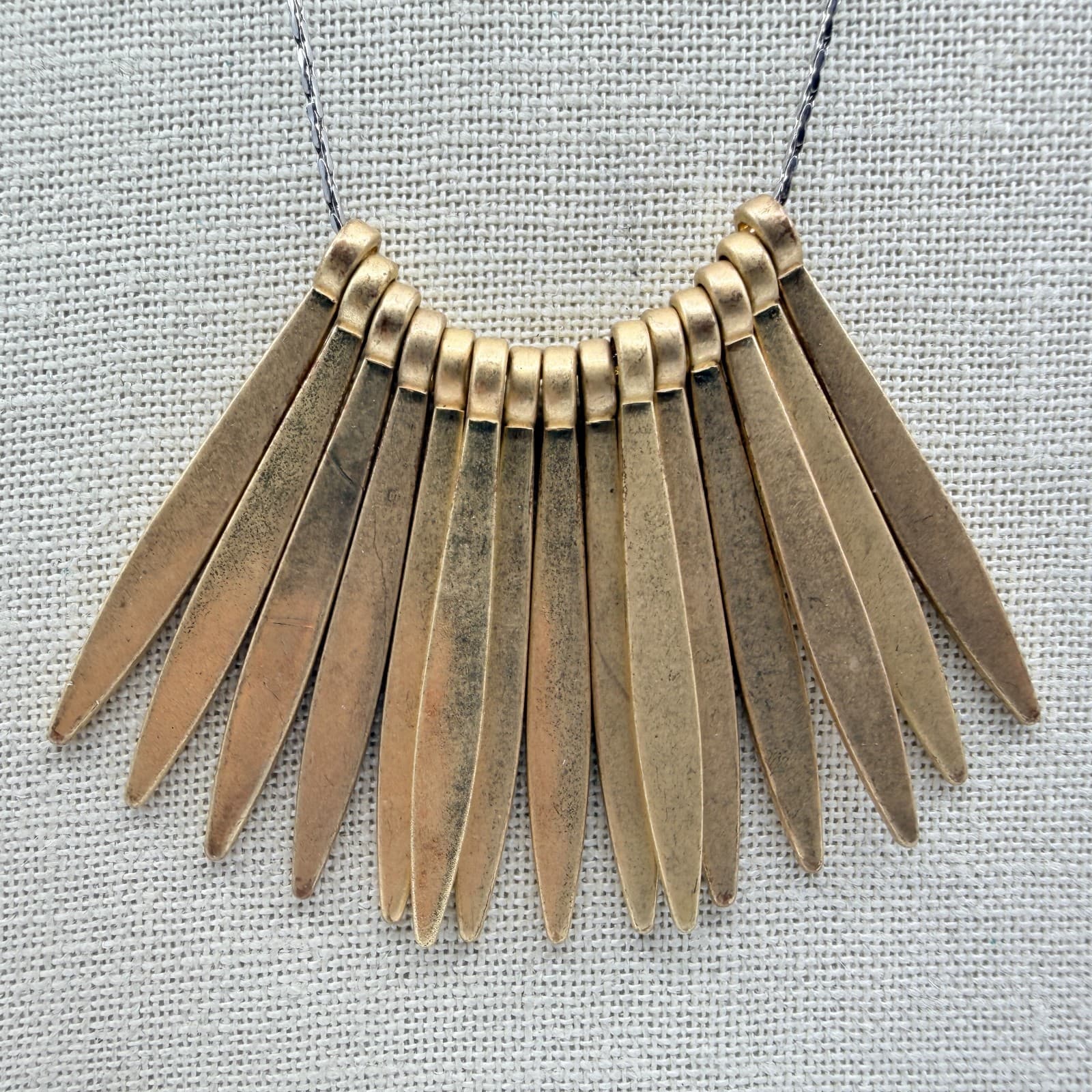 Vintage Gold Tone Textured Spike Fan Bib Necklace Fringe Statement Choker Retro - Thumbnail 4