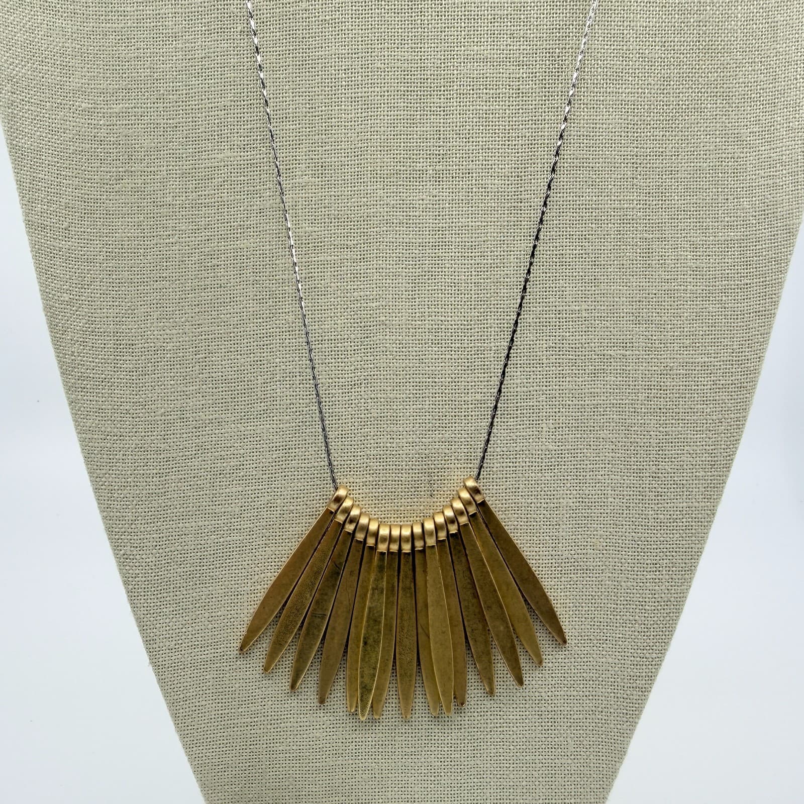 Vintage Gold Tone Textured Spike Fan Bib Necklace Fringe Statement Choker Retro - Thumbnail 5