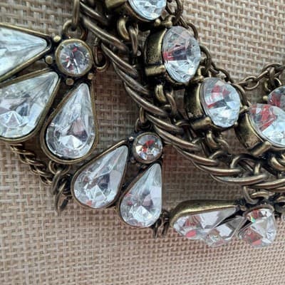 Vintage Y2K Brass Tone Multi Strand Rhinestone Teardrop Bib Necklace Jewelry - Thumbnail 6