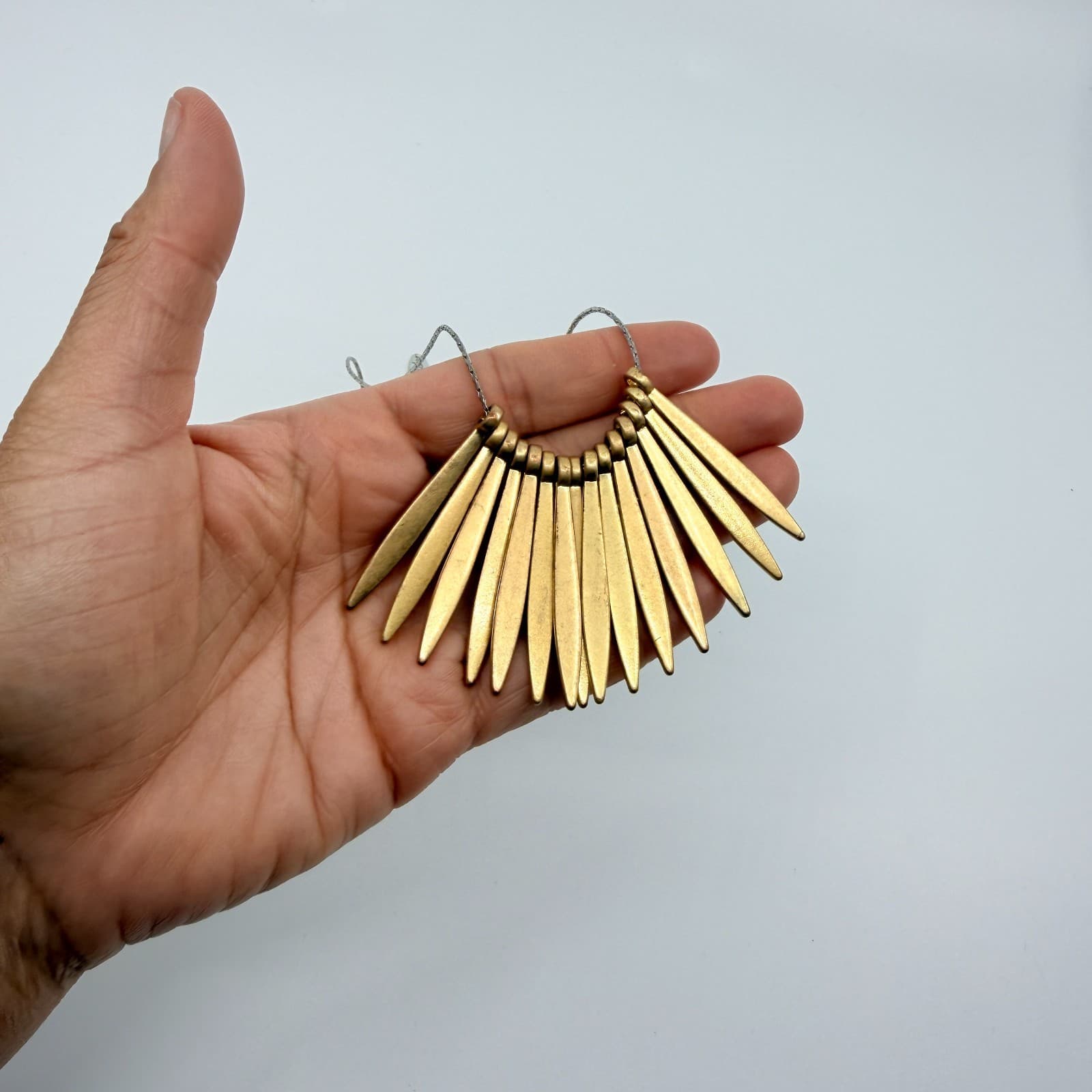 Vintage Gold Tone Textured Spike Fan Bib Necklace Fringe Statement Choker Retro - Thumbnail 8