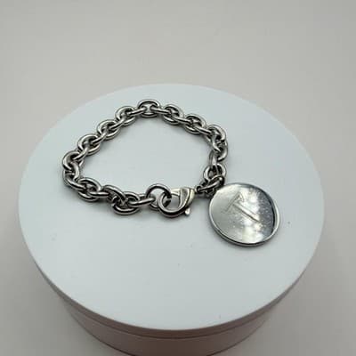 Vintage Y2k Silver Tone Chain Bracelet Engraved Round T Initial Charm Jewelry - Thumbnail 8