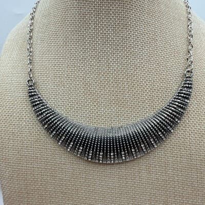 Vintage 90s Silver Tone Rhinestone Bib Necklace Statement Women's Jewelry - Thumbnail 3