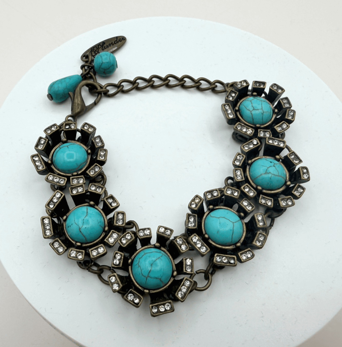 Vintage Y2K Plunder Bronze Tone Turquoise Rhinestone Bracelet Women's Jewelry