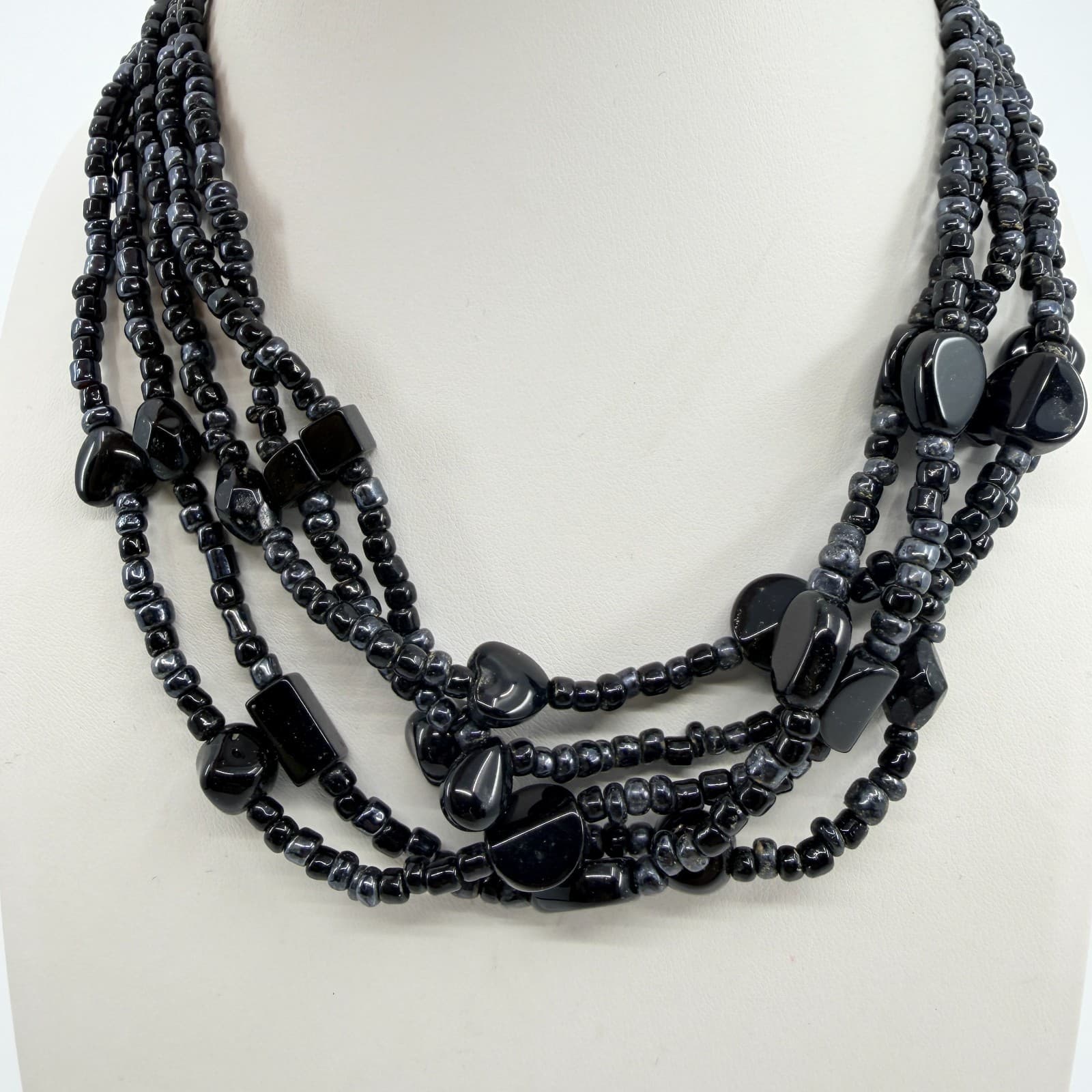 Vintage Black Multi Strand Beaded Necklace Chunky Statement Boho 90s - Thumbnail 2