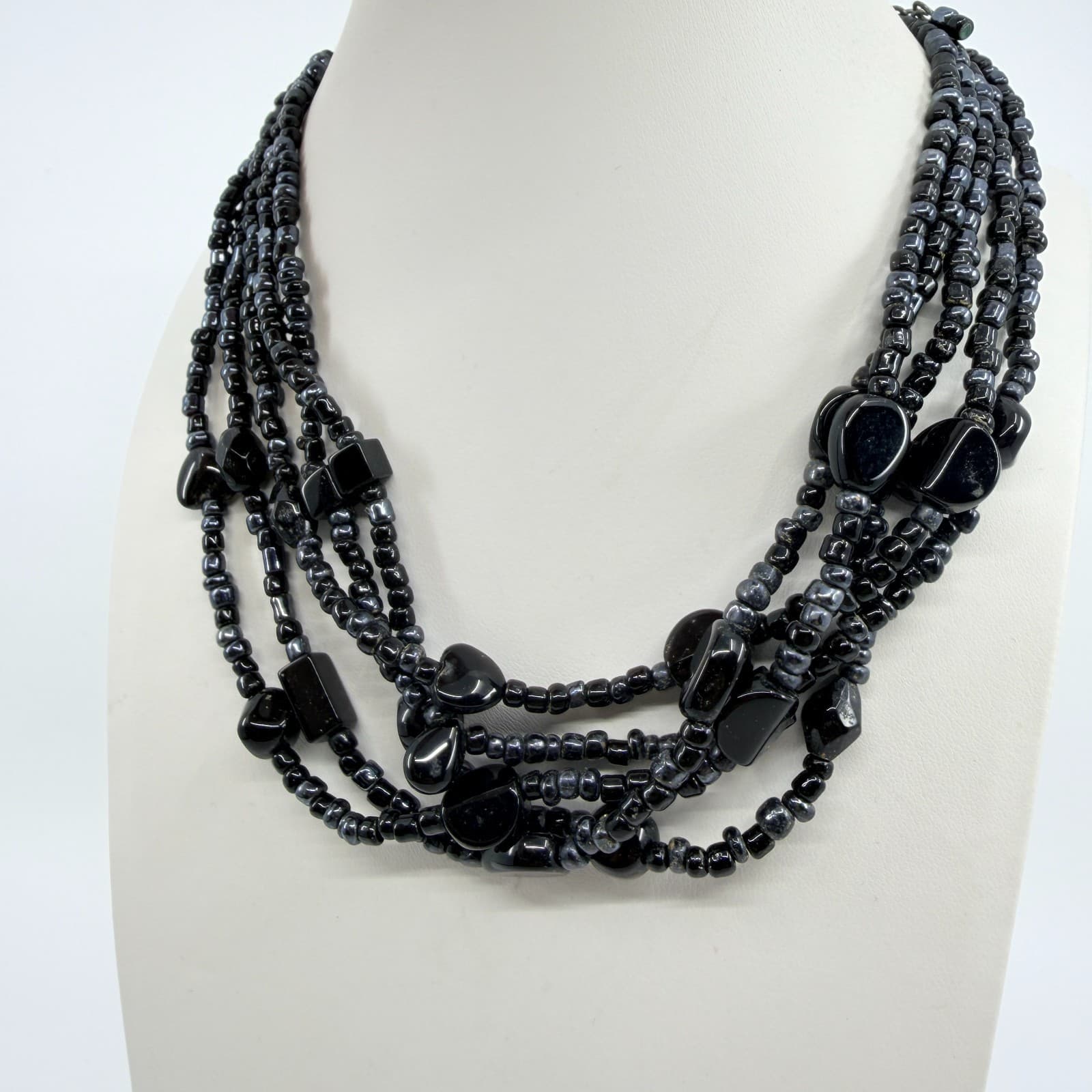 Vintage Black Multi Strand Beaded Necklace Chunky Statement Boho 90s - Thumbnail 6