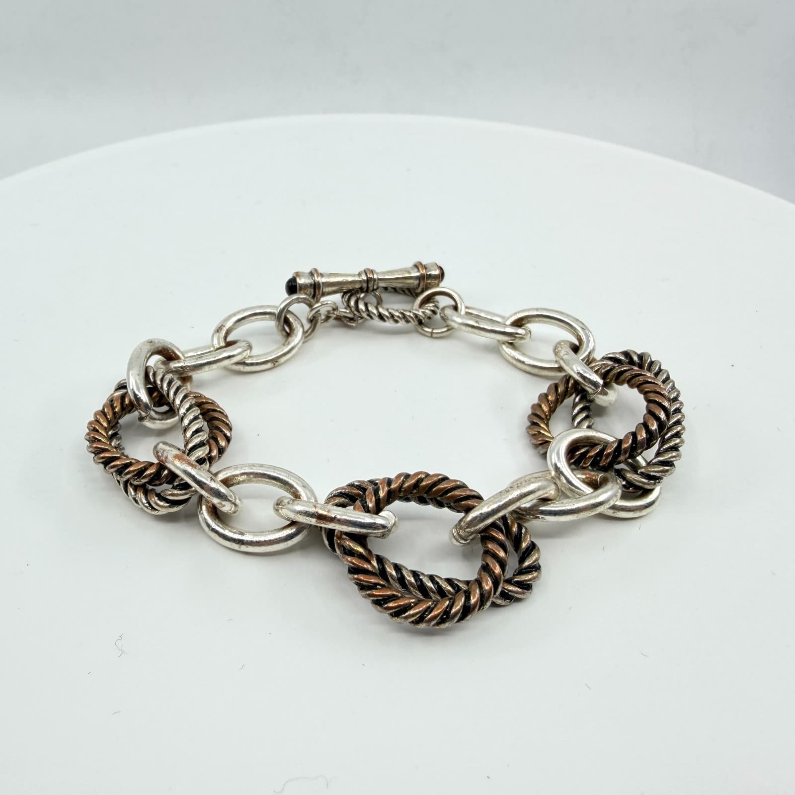 VTG Two Tone Rope Chain Link Bracelet Silver Bronze Tone Toggle Clasp Y2K Boho