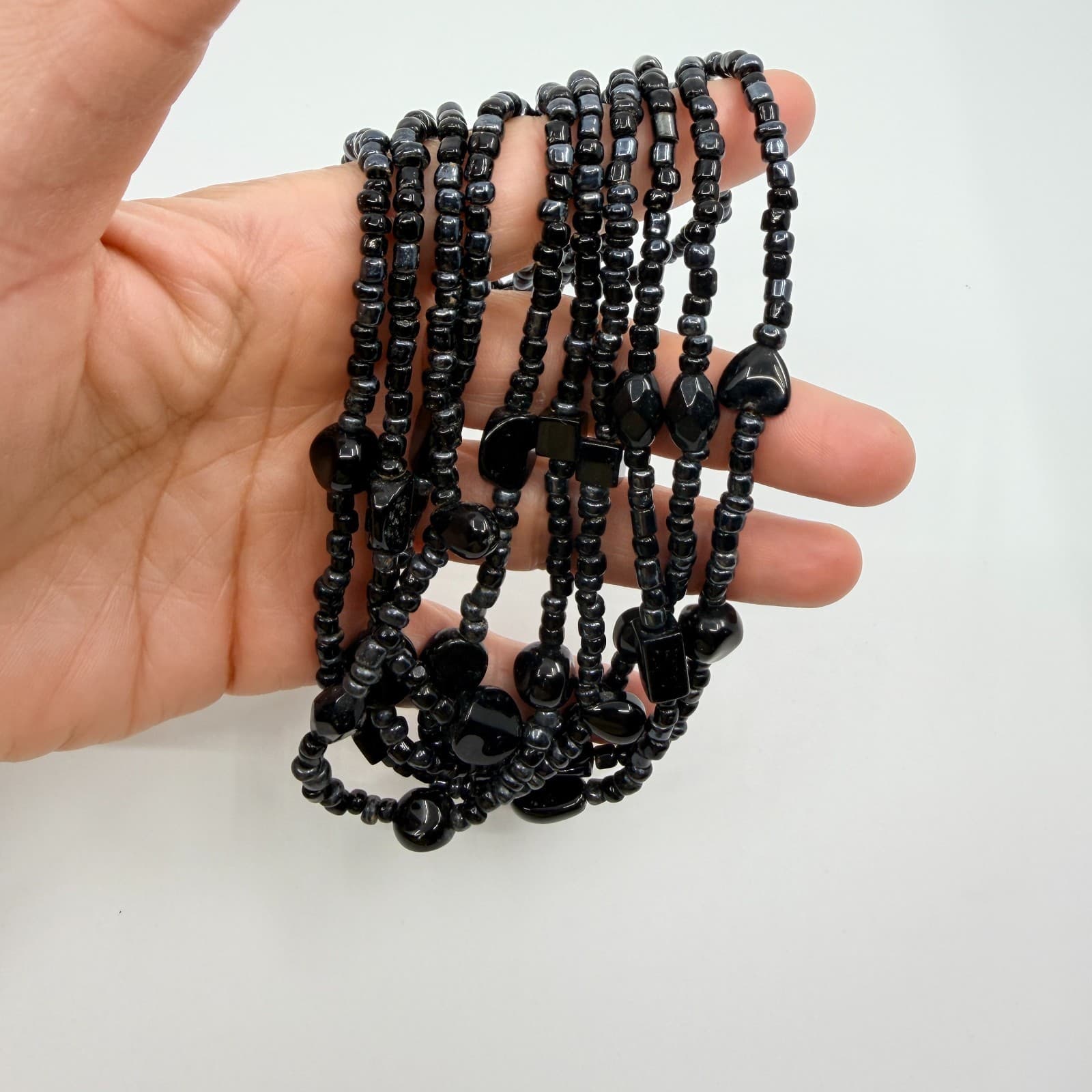 Vintage Black Multi Strand Beaded Necklace Chunky Statement Boho 90s - Thumbnail 9