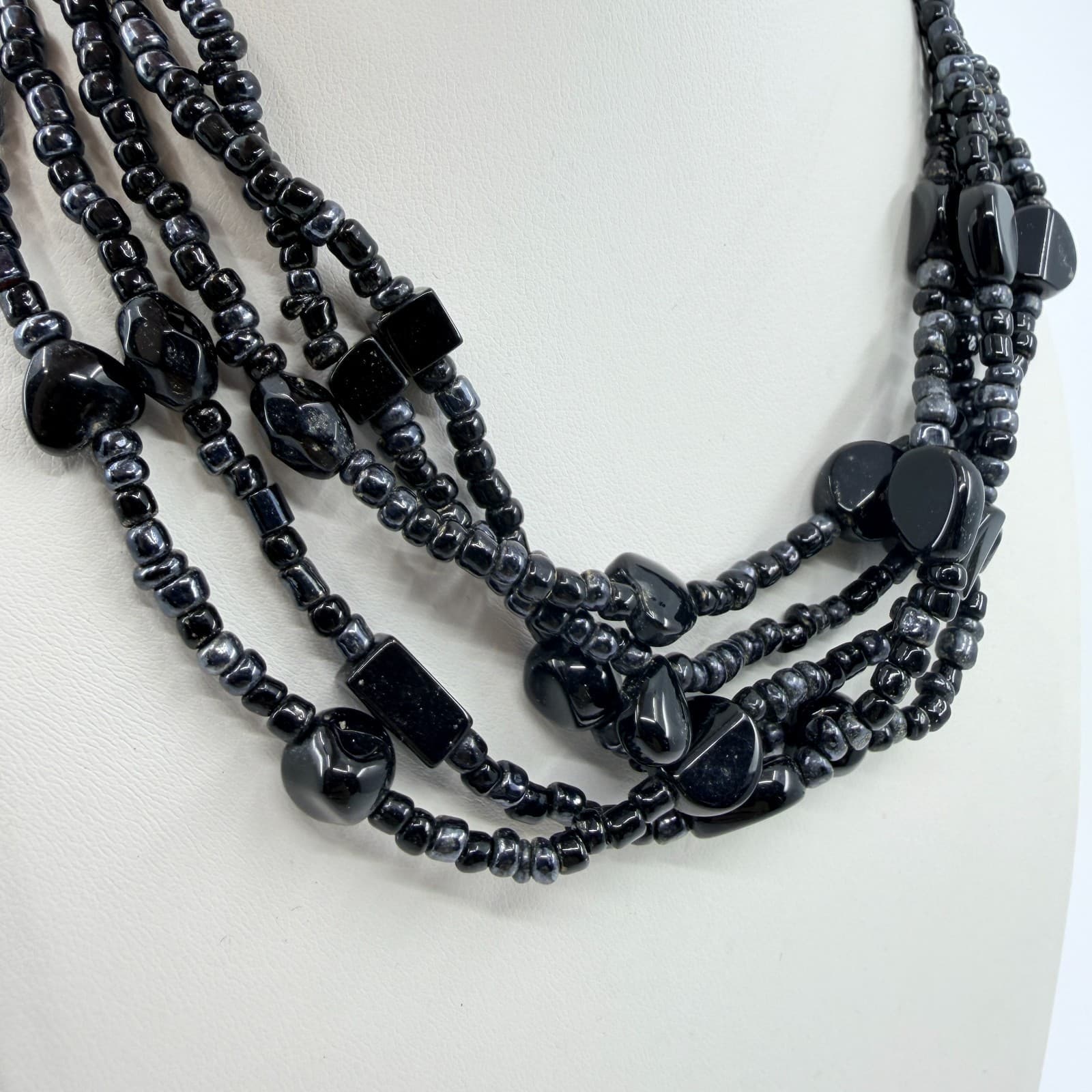 Vintage Black Multi Strand Beaded Necklace Chunky Statement Boho 90s - Thumbnail 4