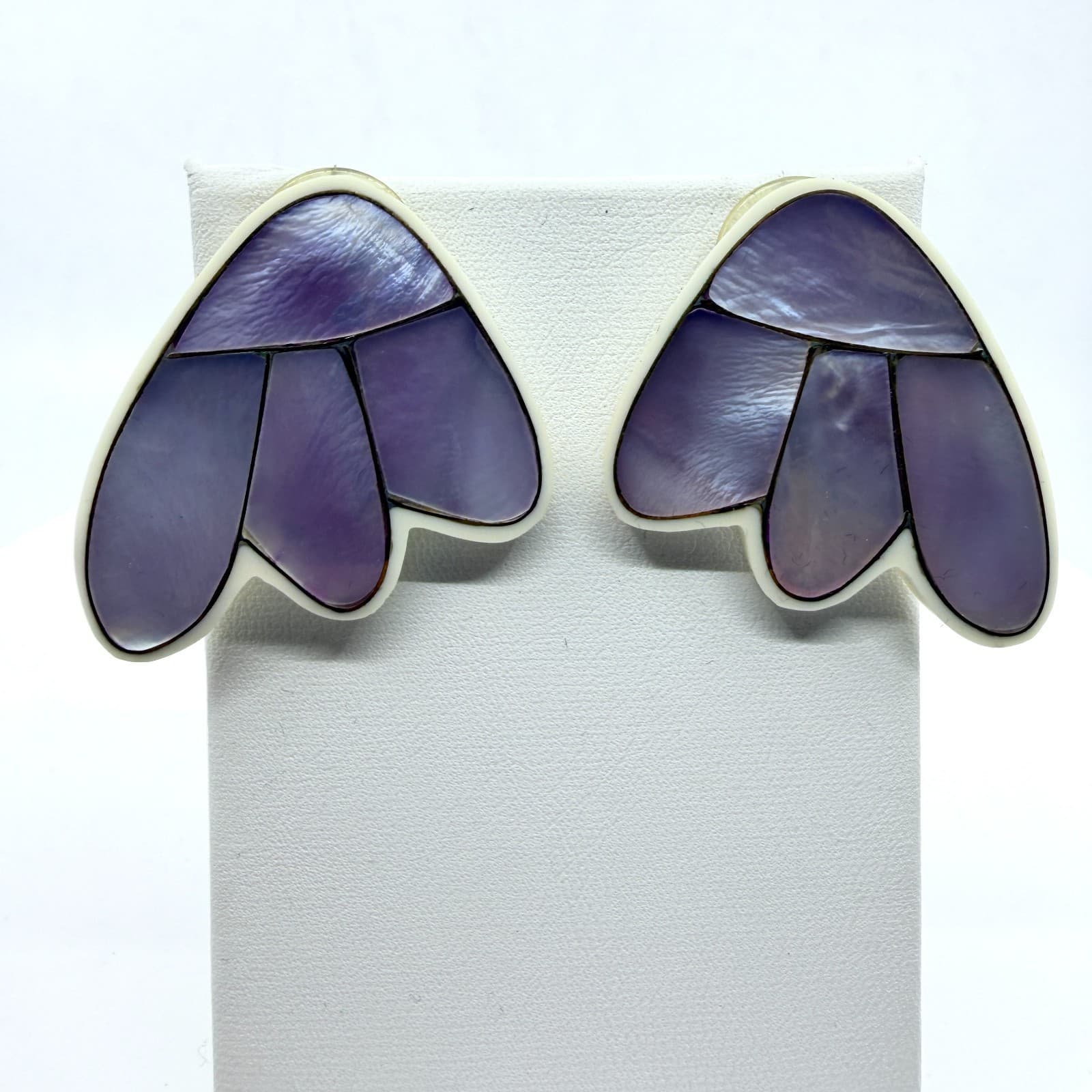 Vintage Purple Mother of Pearl Inlay Stud Earrings Abstract Fan Wing Retro Boho