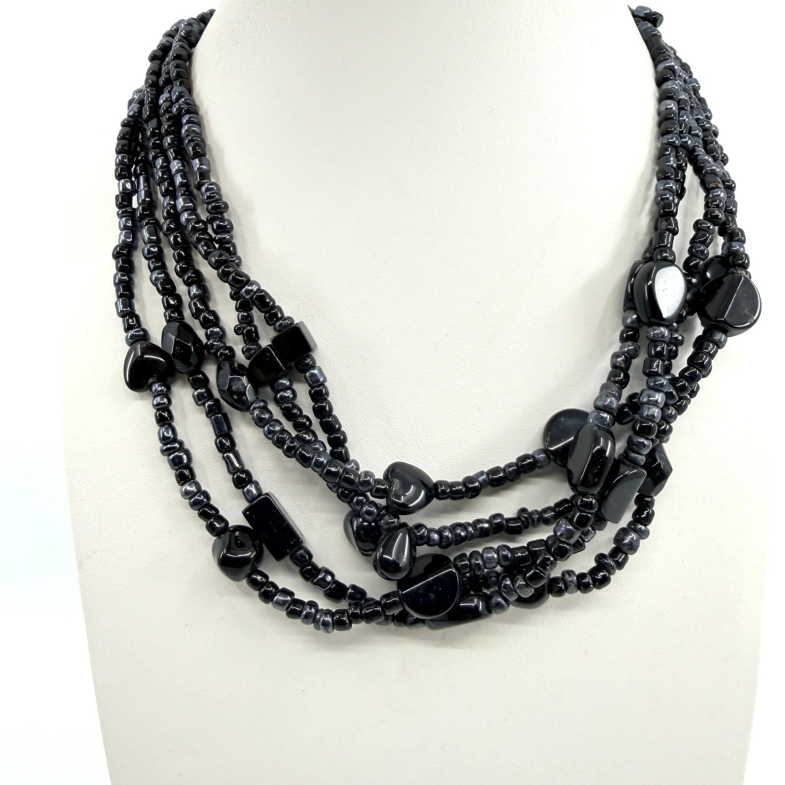Vintage Black Multi Strand Beaded Necklace Chunky Statement Boho 90s