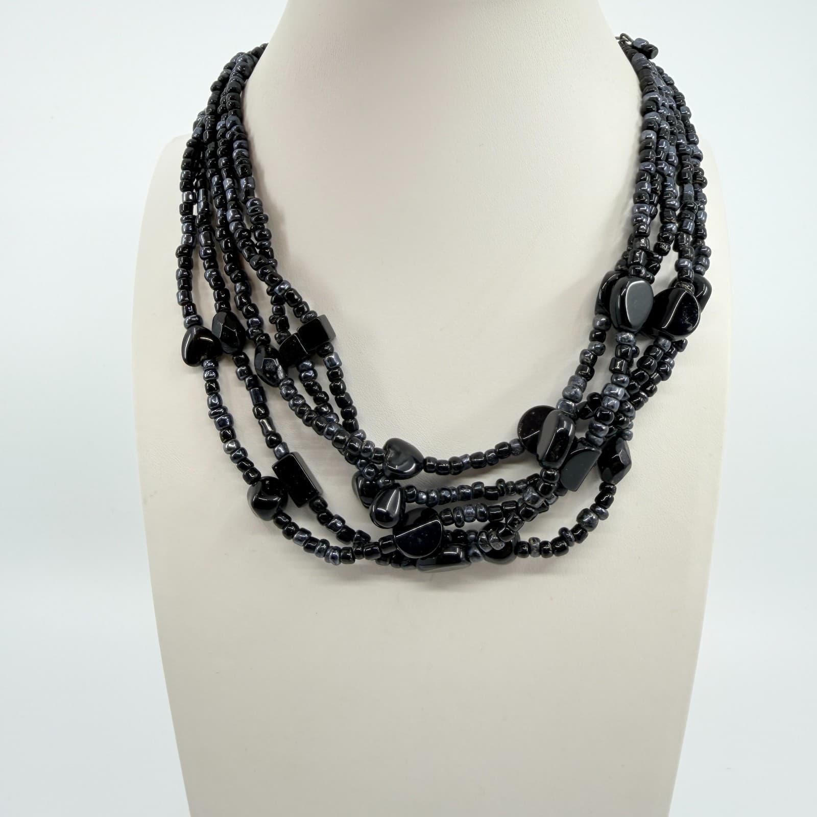 Vintage Black Multi Strand Beaded Necklace Chunky Statement Boho 90s - Thumbnail 7