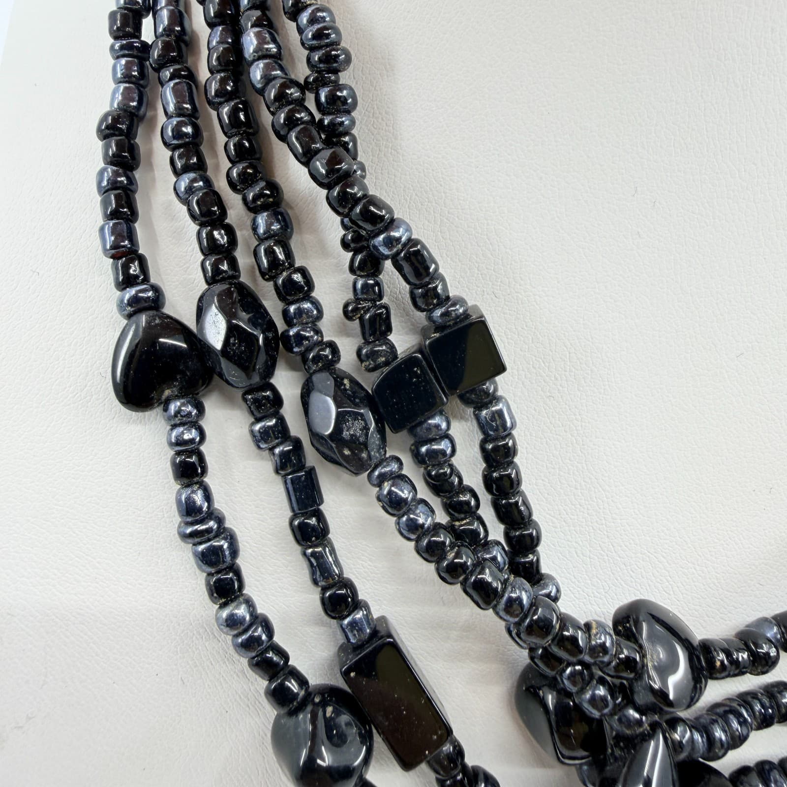 Vintage Black Multi Strand Beaded Necklace Chunky Statement Boho 90s - Thumbnail 3