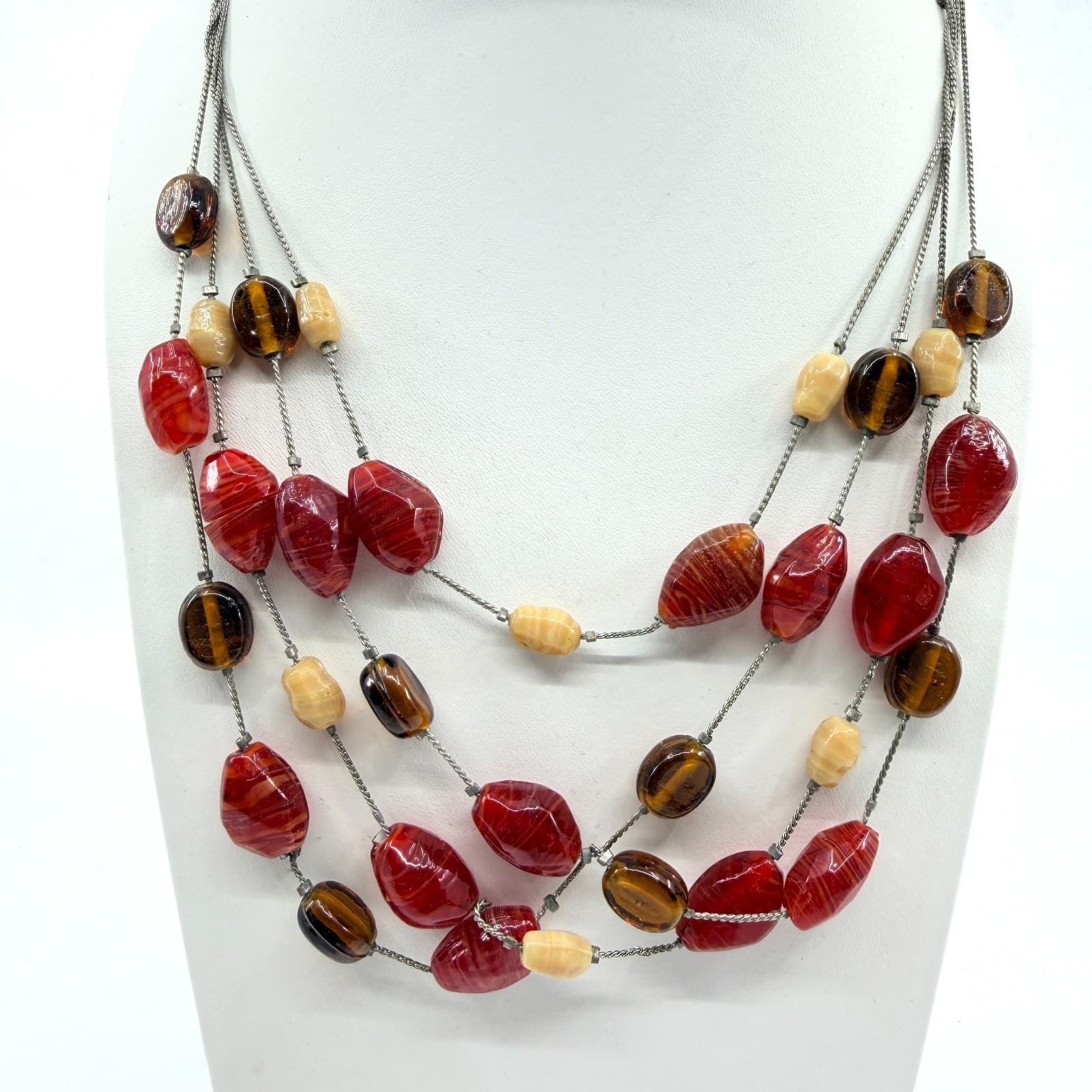 VTG Y2K New York & Co Multi Strand Layered Statement Necklace Red Brown Beaded