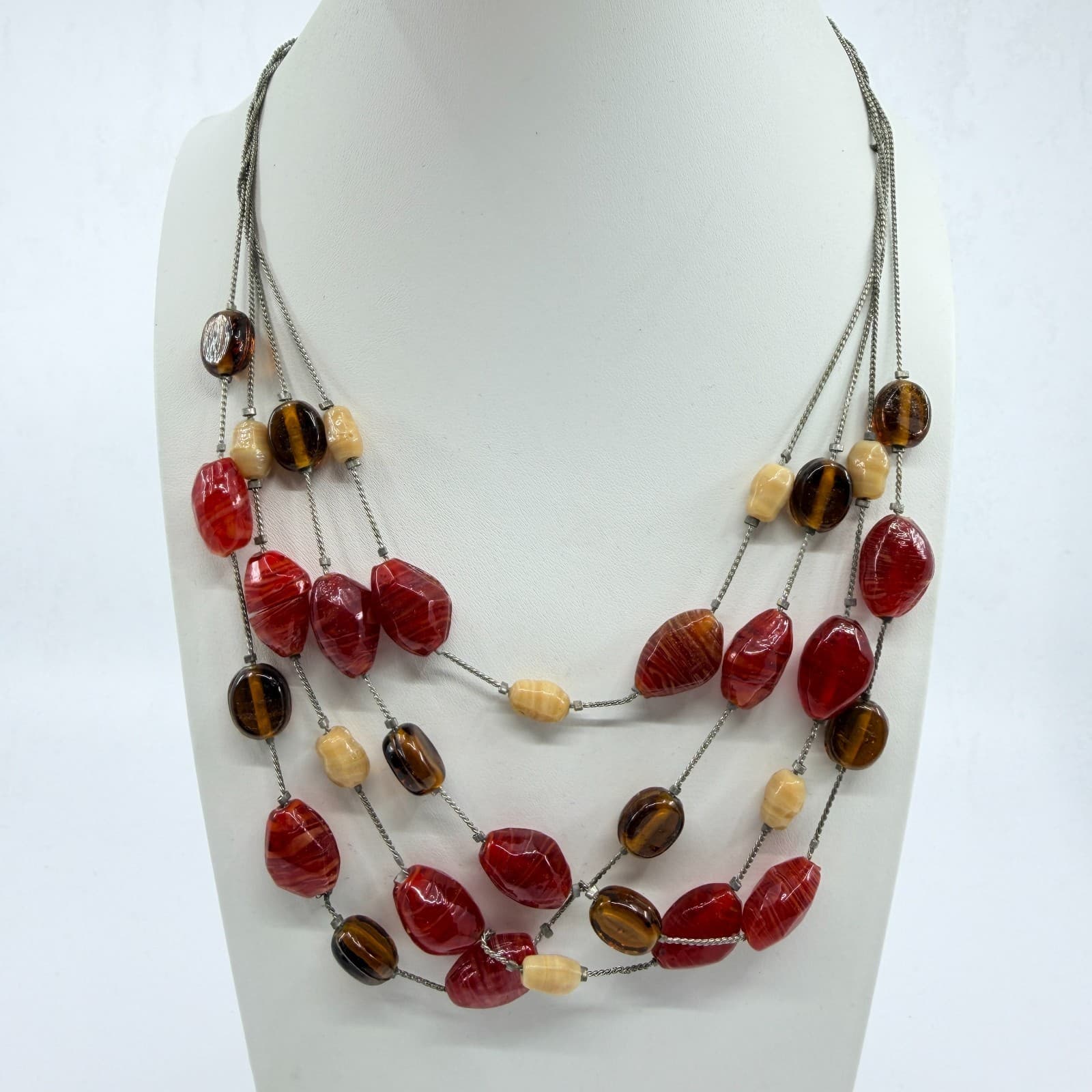 VTG Y2K New York & Co Multi Strand Layered Statement Necklace Red Brown Beaded - Thumbnail 2