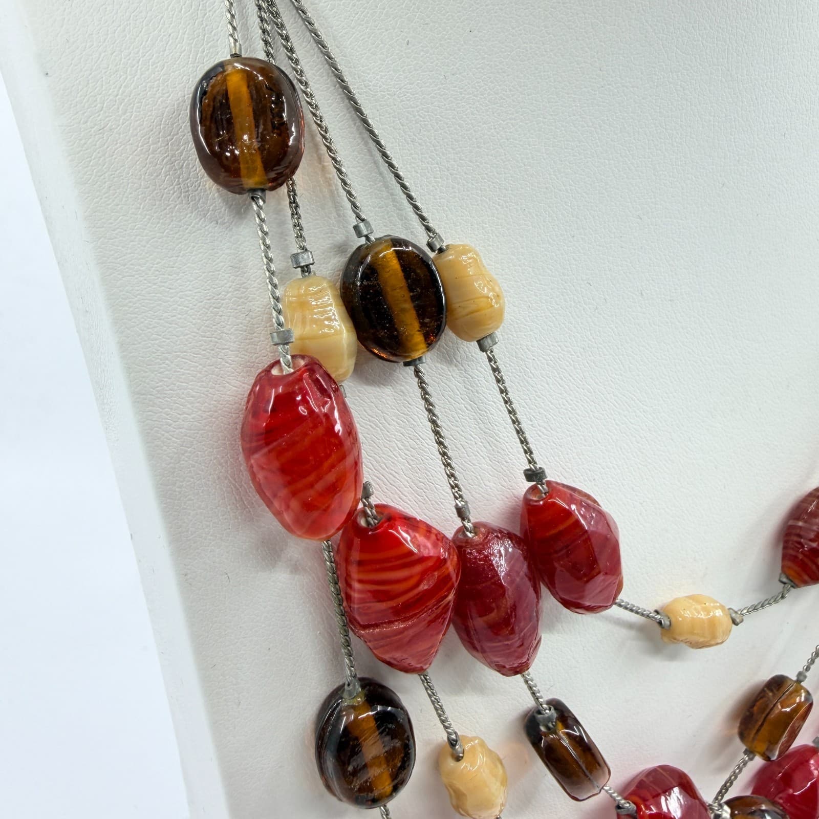 VTG Y2K New York & Co Multi Strand Layered Statement Necklace Red Brown Beaded - Thumbnail 4