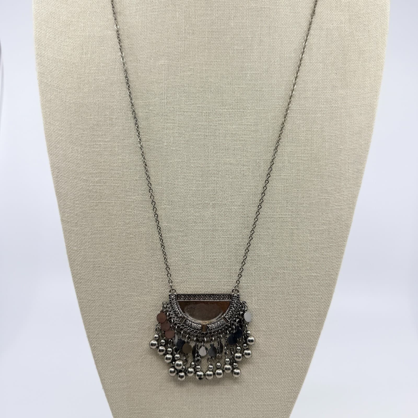 Vintage Silver Tone Boho Tribal Bib Statement Necklace Fringe Ball Disc Charms - Thumbnail 3