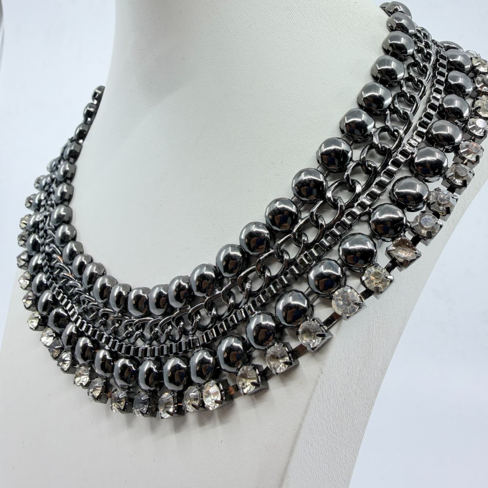Vintage Retro Gunmetal Gray Multi Row Bib Statement Choker Necklace Rhinestone - Thumbnail 8